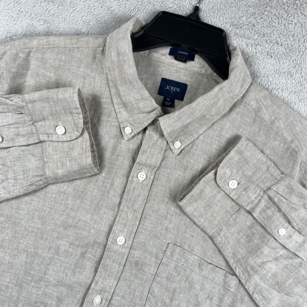 J Crew Shirt Mens XL Classic Fit Beige Linen Blend Long Sleeve Button Down